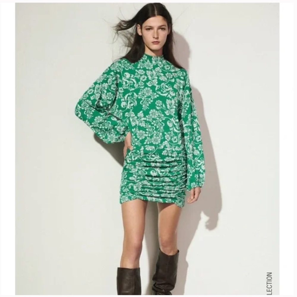 NWT Zara Green/White Floral Balloon Sleeve Jacquard Dress Size Medium